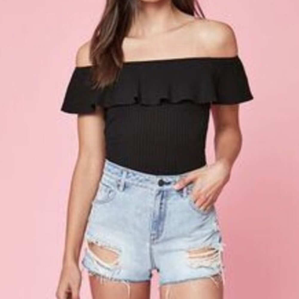 Kendall & Kylie Black Off the Shoulder Bodysuit, Size XS